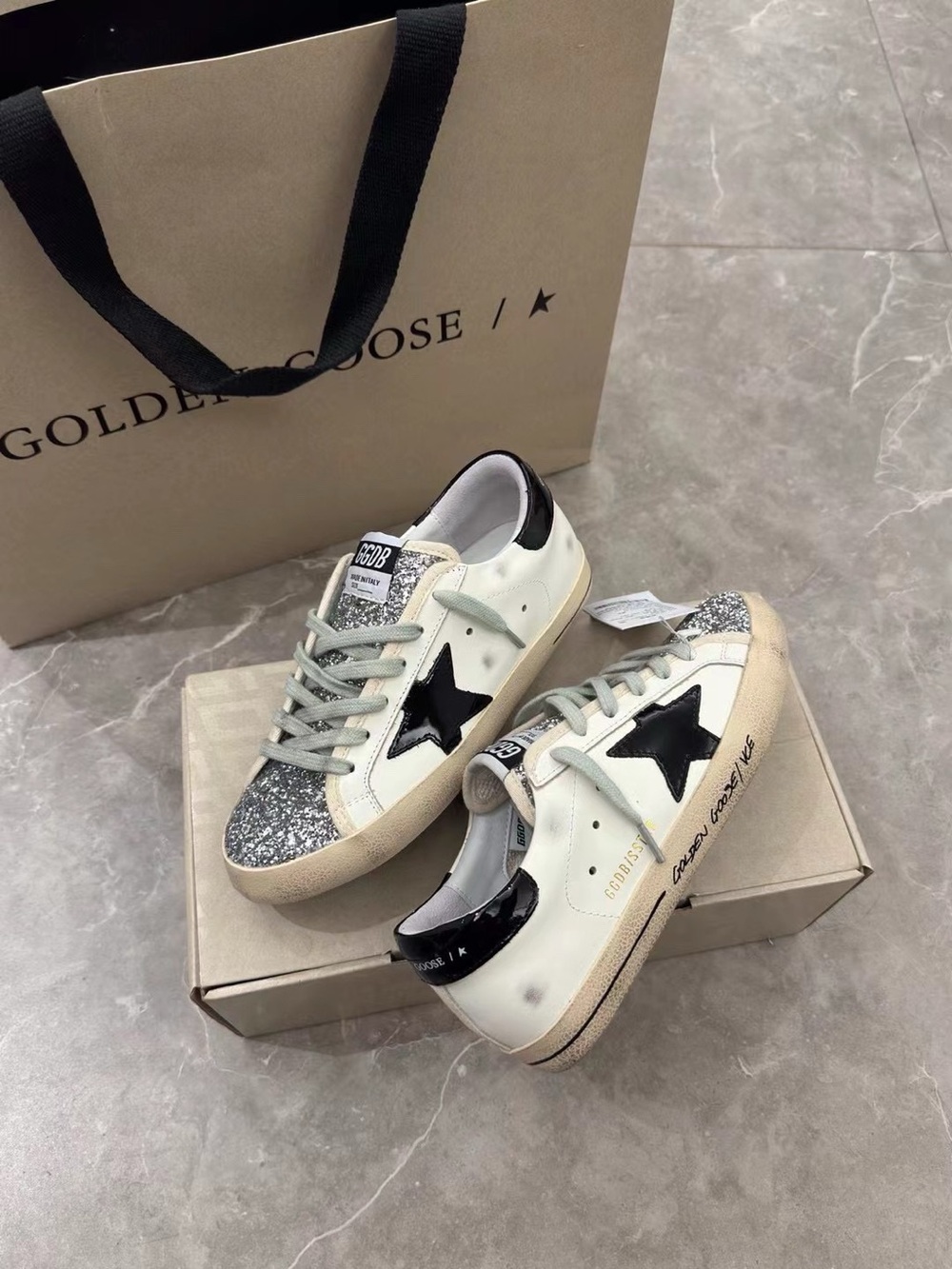 Golden Goose White Leather Sneakers with Black Star and Silver Glitter Toe - Picture 3 of 8